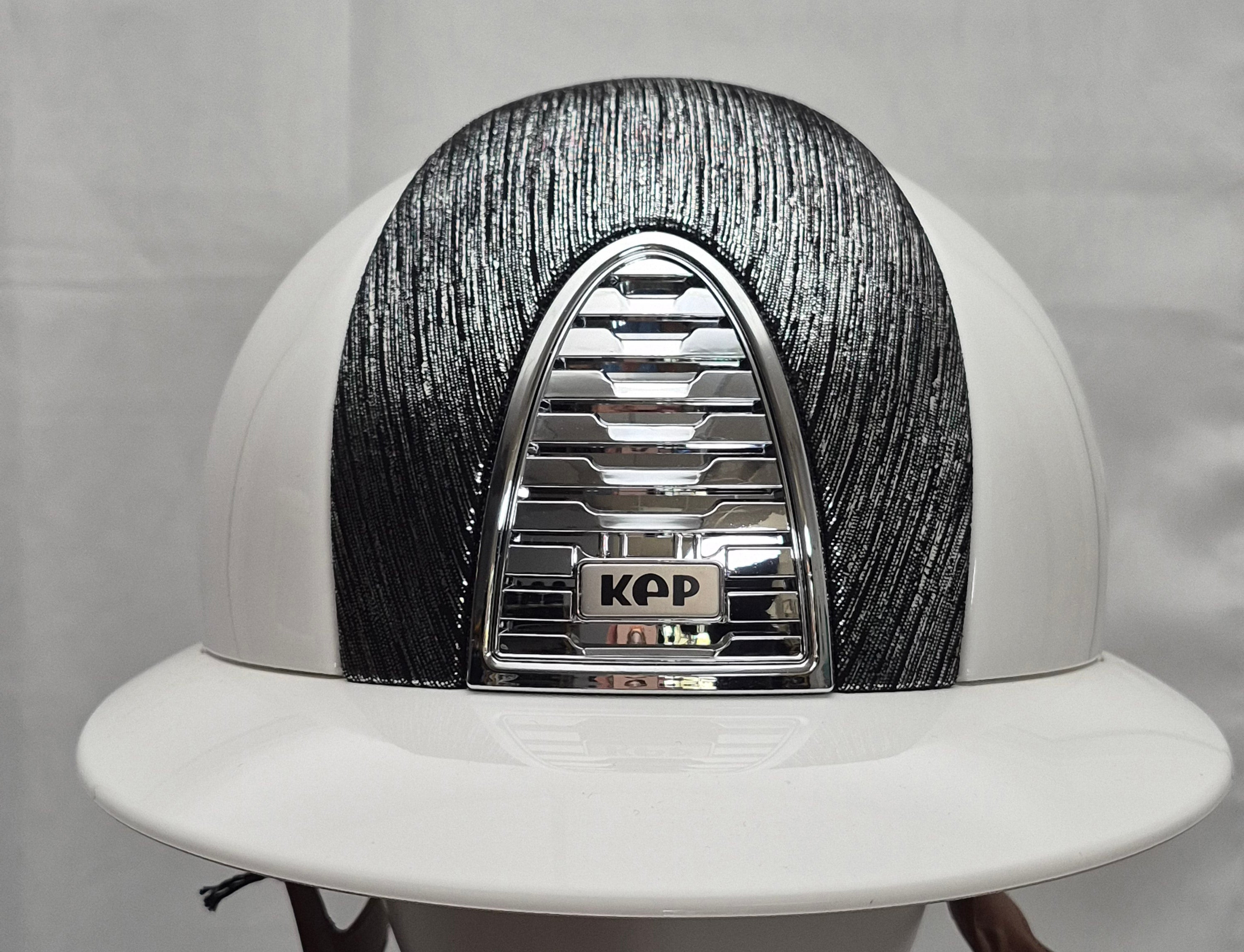 KEP Chromo 2.0 White Polish Helmet front panel silver laminated leather