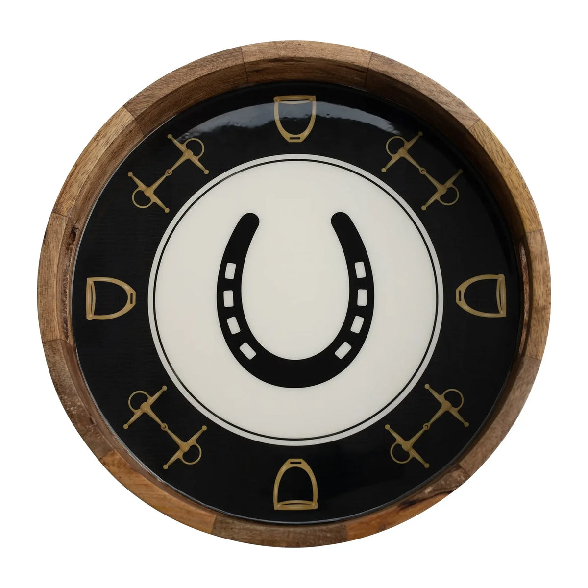 HE Round Tray, Black with Horseshoe, Stirrup