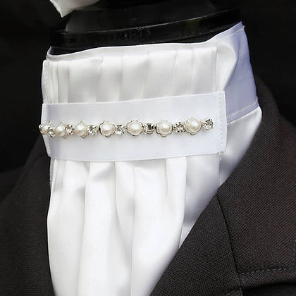 TRSM White Faux Silk Riding Stock Bib with Pearl & Diamante Detail