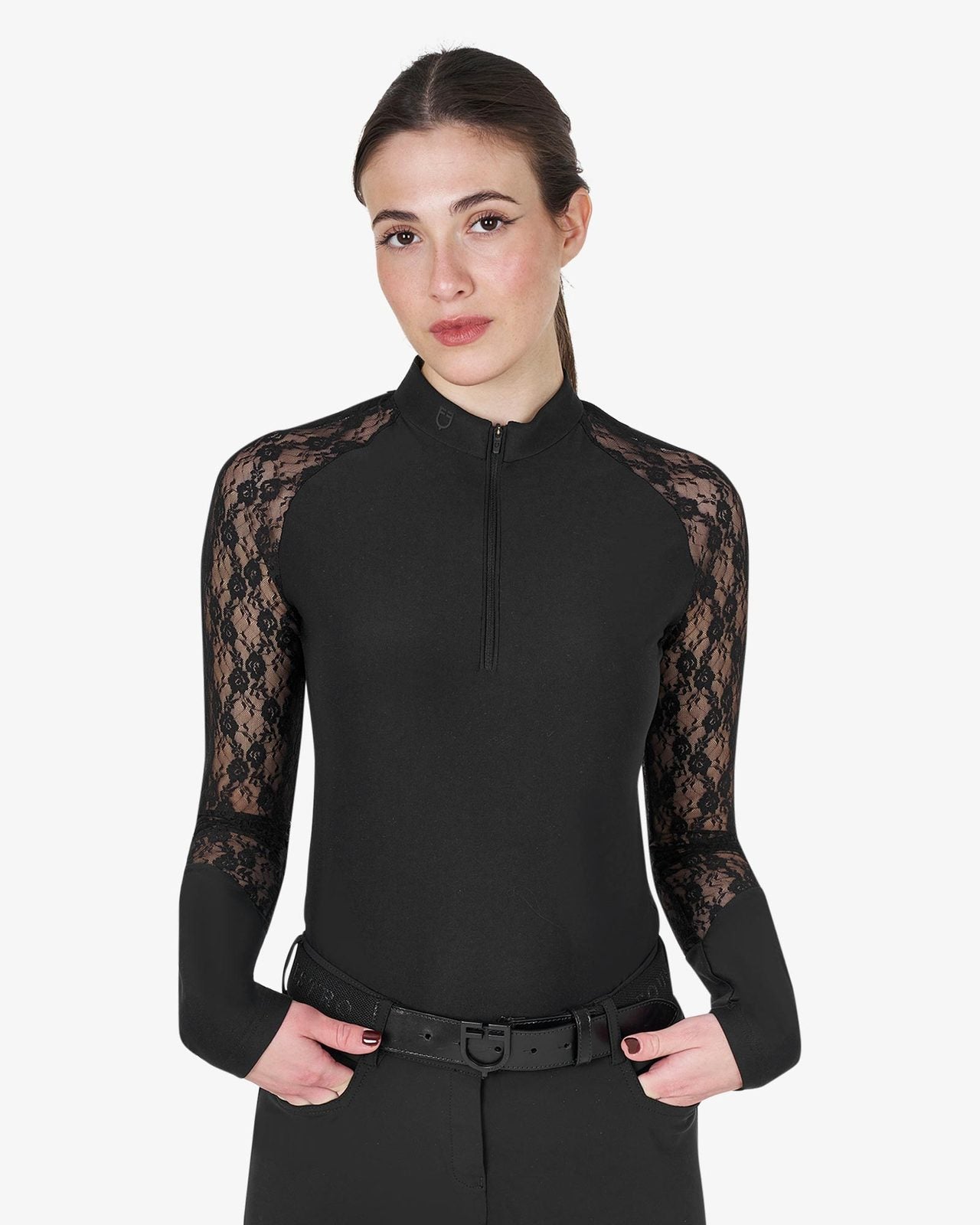 Equestro Women's Black Label Collection Training Lace Polo shirt LS Zip