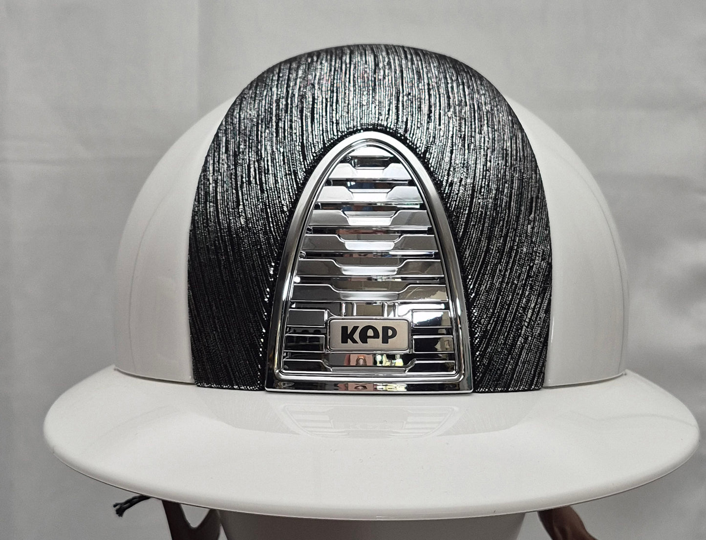 KEP Chromo 2.0 White Polish Helmet front panel silver laminated leather