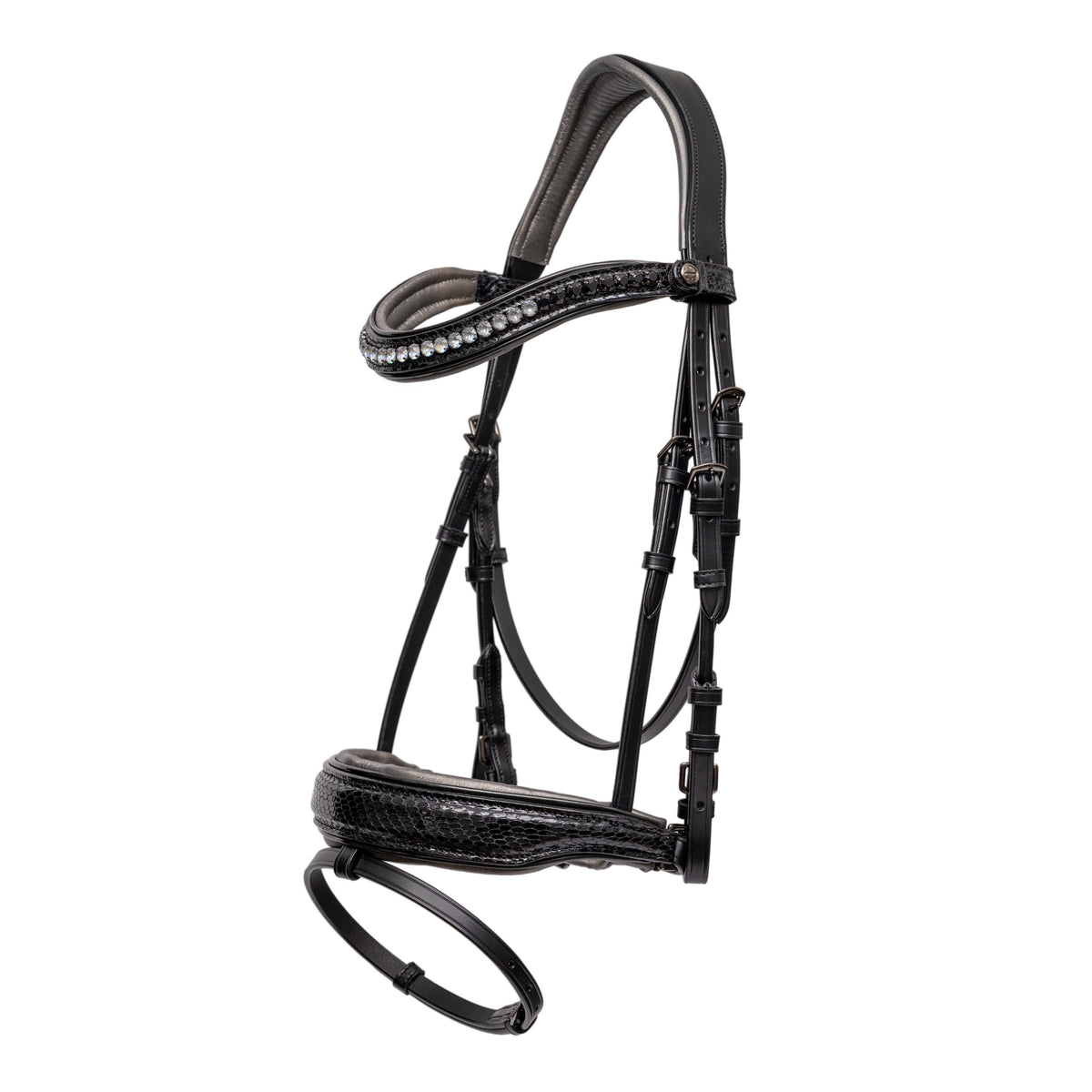 Halter Ego The Viper Black Patent Snaffle bridle with Graphite Padding