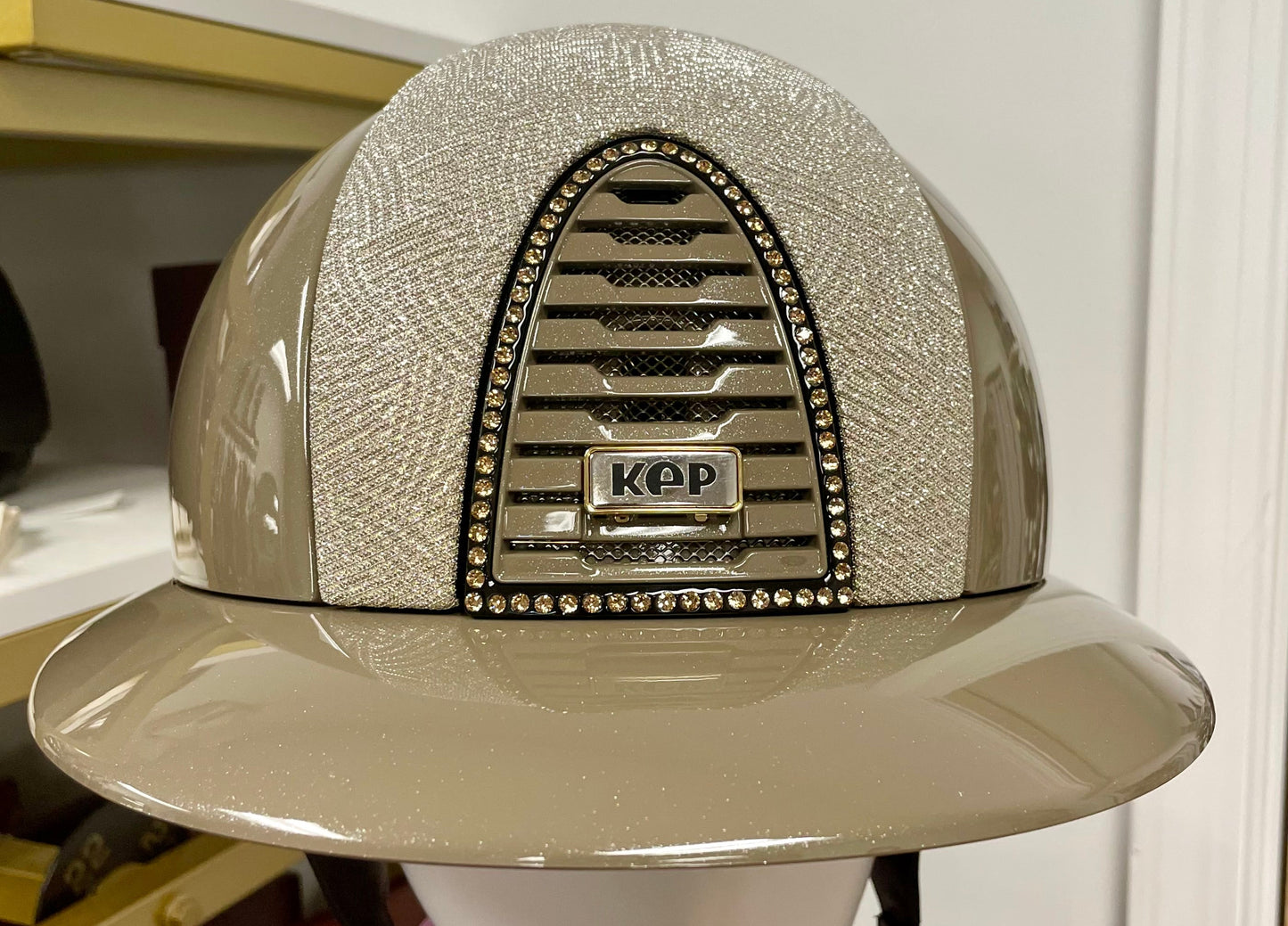 KEP 2.0 Diamond Taupe, Galaxy Gold Front, Polo Visor, Champagne Crystals