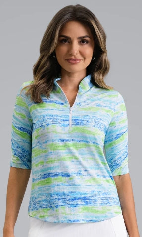 IBKUL Ruched Sleeve Sun Shirt Mandarin Collar