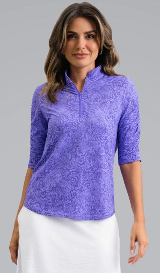 IBKUL Ruched Sleeve Sun Shirt Mandarin Collar