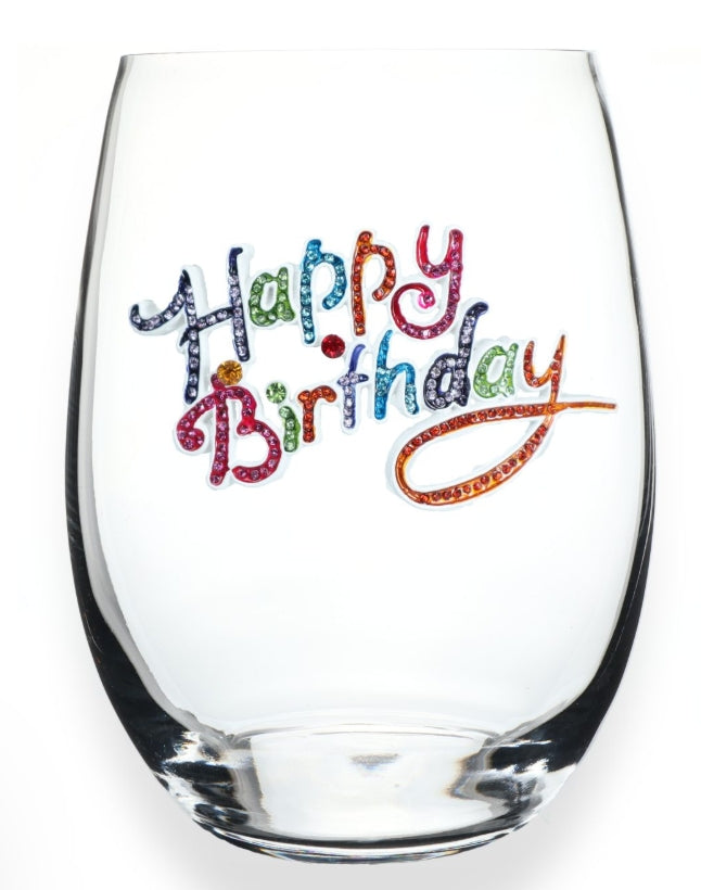 The Queens Jewels Happy Birthday Jeweled Stemless Wine Glass