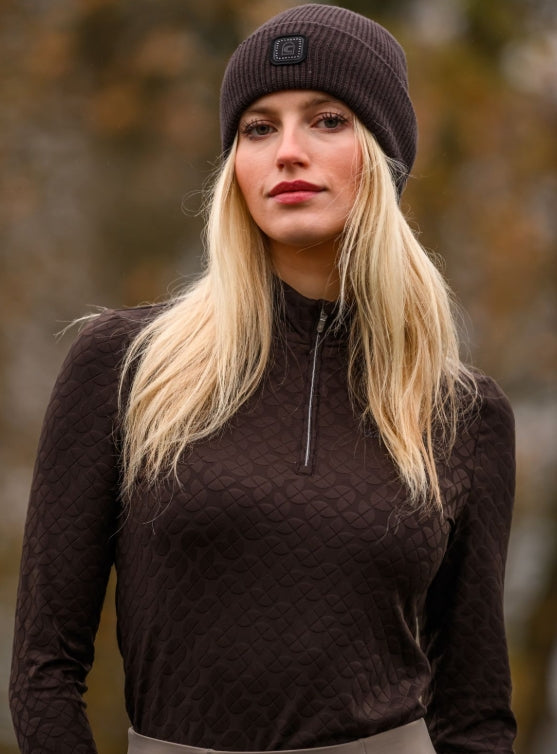 CAVALDARSHA jaquard functional material, half-zip Long Sleeve Shirt-Cafe Noir